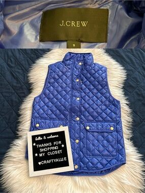 J. Crew Vibrant Blue Snap-Front Quilted Puffer Vest with Gold Hardware | Small